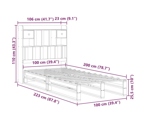 Cama con estantería sin colchón madera maciza de pino 100x200cm