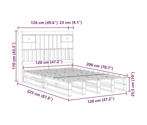 Cama con estantería sin colchón madera maciza de pino 120x200cm