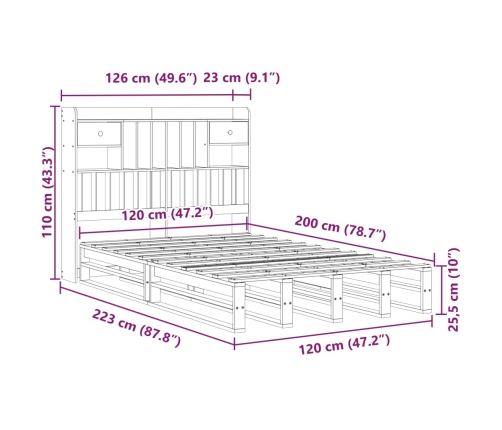 Cama con estantería sin colchón madera maciza marrón 120x200cm