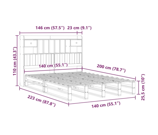 Cama con estantería sin colchón madera maciza de pino 140x200cm