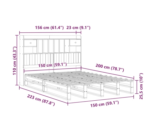 Cama con estantería sin colchón madera maciza de pino 150x200cm