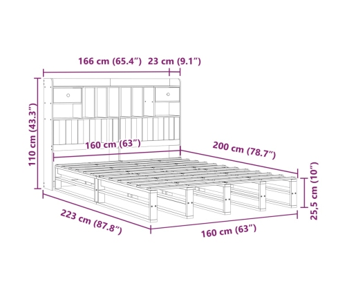 Cama con estantería sin colchón madera maciza de pino 160x200cm