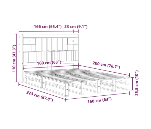 Cama con estantería sin colchón madera maciza blanca 160x200 cm