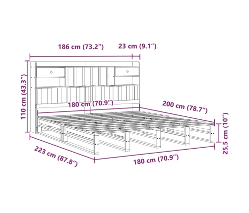 Cama con estantería sin colchón madera maciza marrón 180x200cm