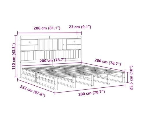 Cama con estantería sin colchón madera maciza blanca 200x200 cm