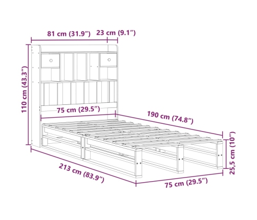 Cama con estantería sin colchón madera maciza marrón 75x190 cm