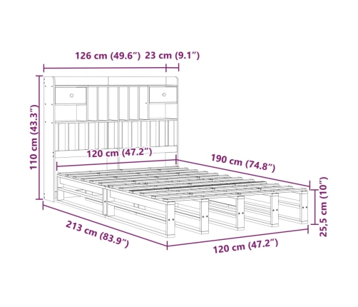 Cama con estantería sin colchón madera maciza de pino 120x190cm