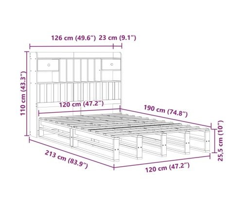 Cama con estantería sin colchón madera maciza blanca 120x190 cm