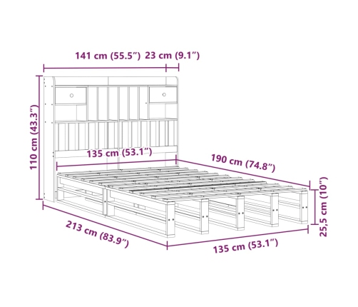 Cama con estantería sin colchón madera maciza marrón 135x190cm