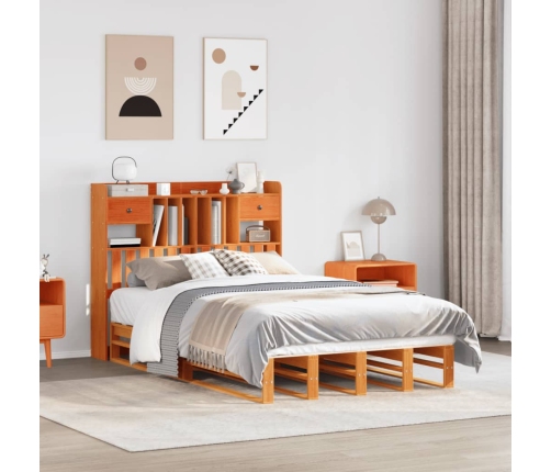 Cama con estantería sin colchón madera maciza marrón 135x190cm