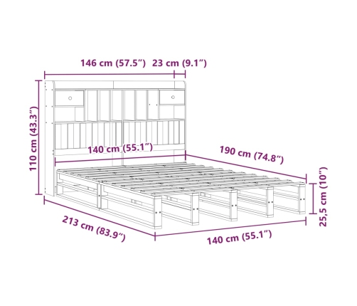 Cama con estantería sin colchón madera maciza blanca 140x190 cm