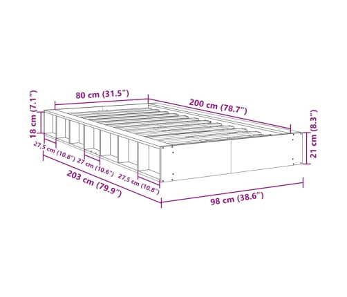 Estructura de cama sin colchón 80x200 cm madera maciza roble