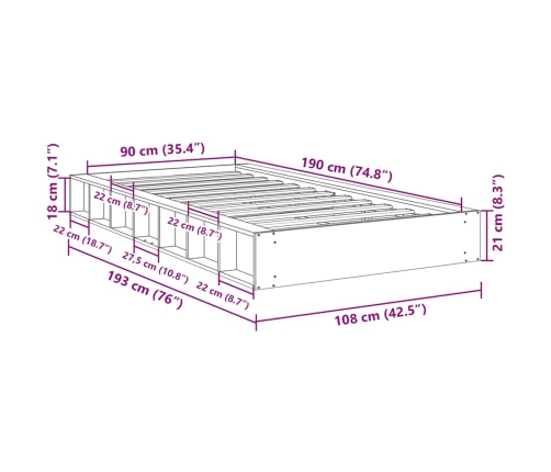 Estructura de cama sin colchón 90x190 cm madera maciza roble