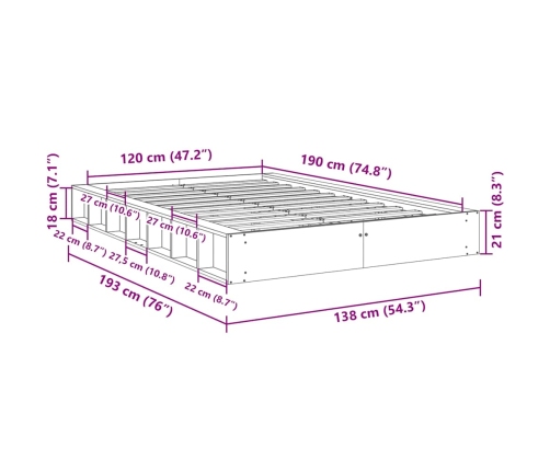 Estructura de cama sin colchón 120x190 cm madera maciza roble