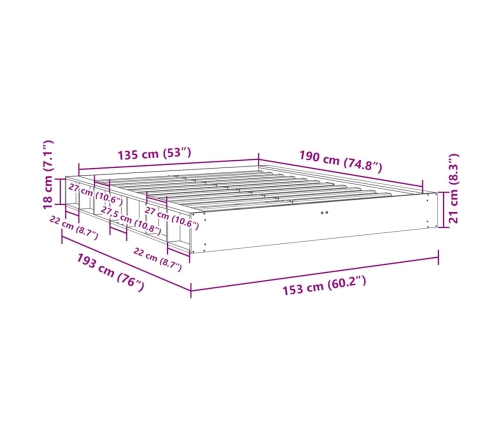 Estructura de cama sin colchón 135x190 cm madera maciza roble