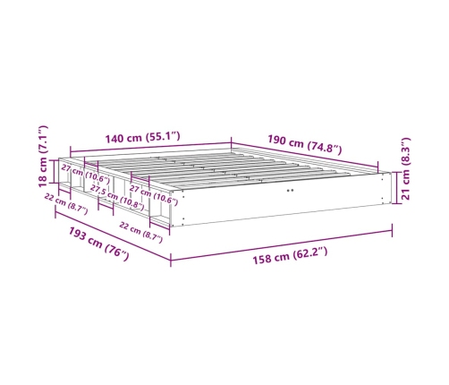 Estructura de cama sin colchón 140x190 cm madera maciza roble