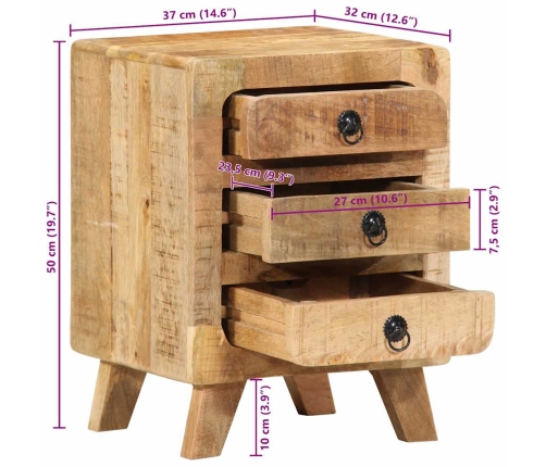 Mesita de noche de madera maciza de mango rugosa 37x32x50 cm