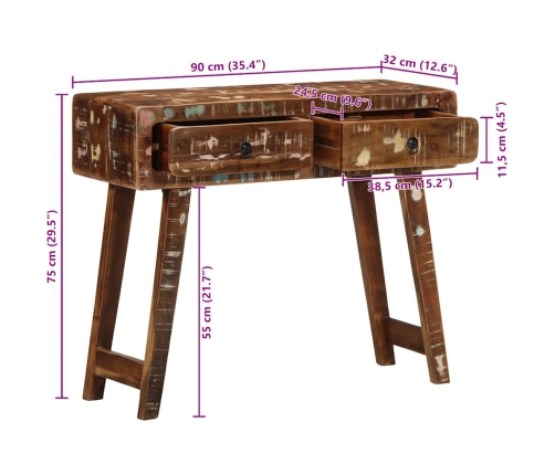 Mesa consola madera maciza reciclada 90x32x75 cm