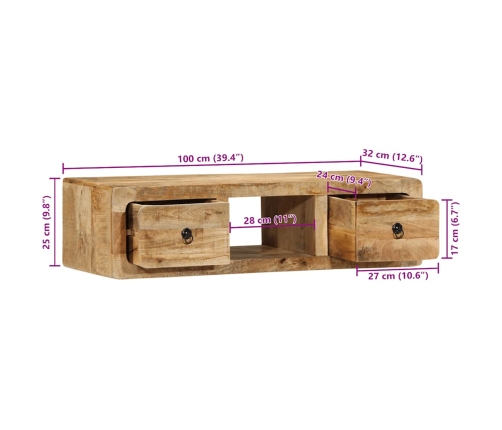 Mueble de TV de pared madera maciza mango rugosa 100x32x25 cm