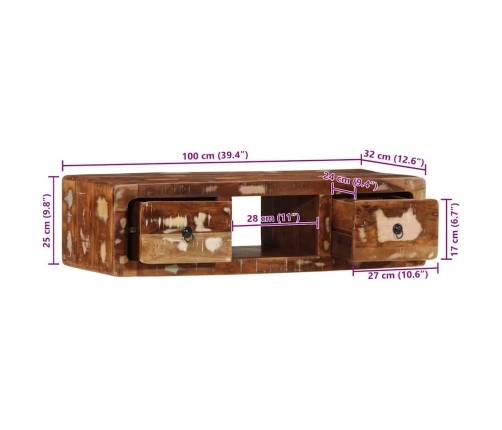 Mueble de TV de pared madera maciza reciclada 100x32x25 cm