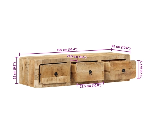 Mueble de TV de pared madera maciza mango rugosa 100x32x25 cm