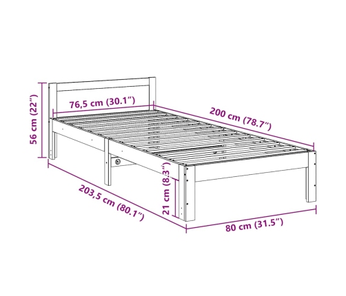 Estructura de cama sin colchón madera maciza de pino 80x200 cm