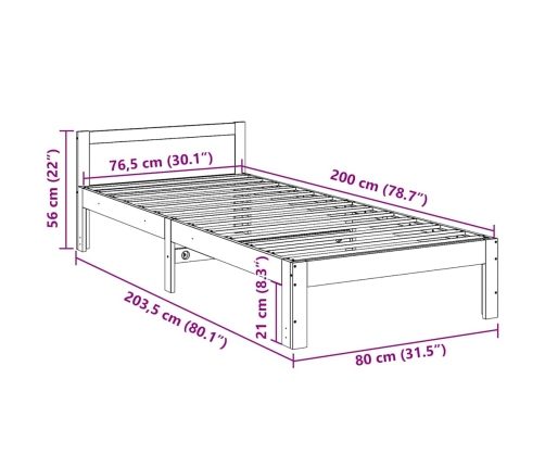 Cama sin colchón madera maciza de pino blanca 80x200 cm