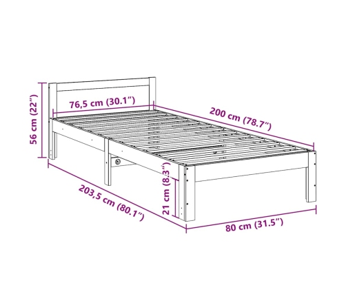 Cama sin colchón madera maciza pino marrón cera 80x200 cm