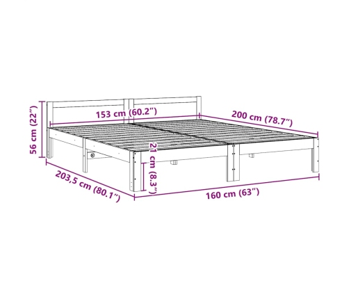 Cama sin colchón madera maciza de pino marrón cera 160x200 cm