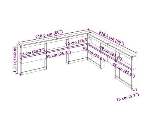 Cabecero librería en forma de L madera maciza de pino 200 cm