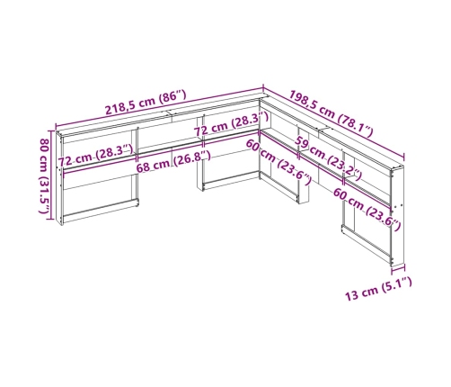 Cabecero librería en forma L madera maciza pino blanco 180 cm