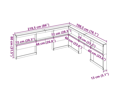 Cabecero cama estantería forma L marrón encerado 180 cm