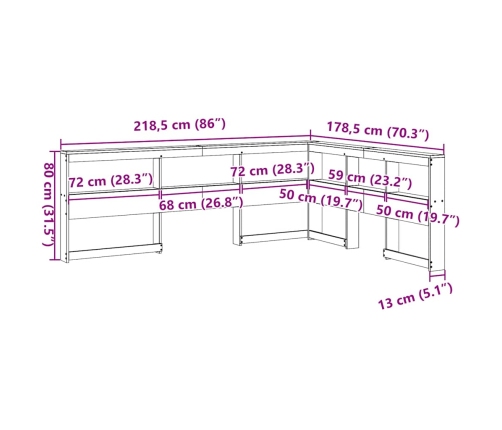 Cabecero librería en forma de L madera maciza de pino 160 cm