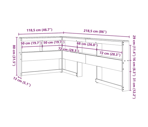 Cabecero librería en forma de L madera maciza de pino 100 cm