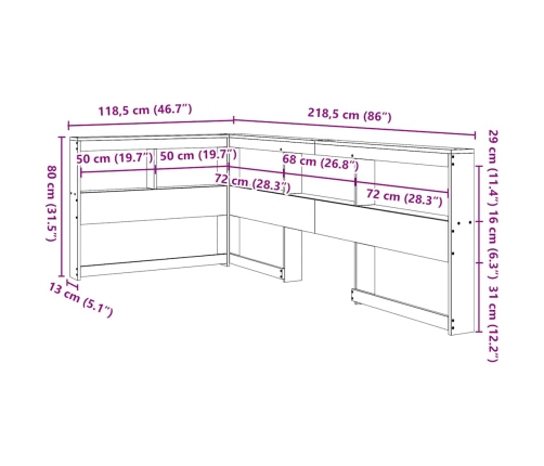 Cabecero librería en forma de L madera maciza pino blanco 100cm