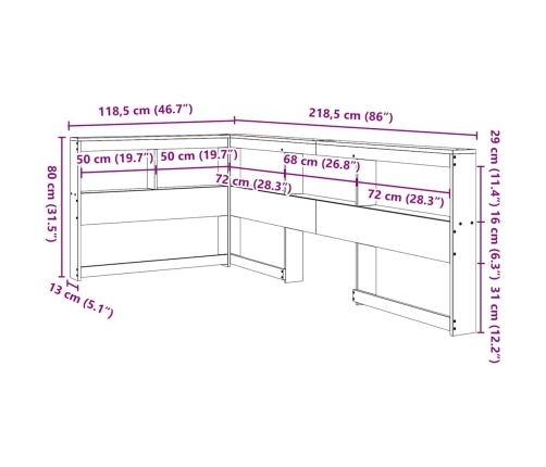 Cabecero cama estantería forma L marrón encerado 100 cm