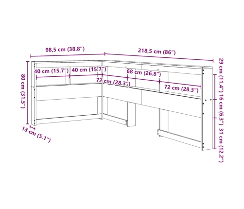 Cabecero librería en forma de L madera maciza de pino 80 cm