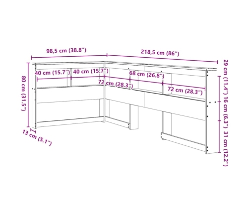 Cabecero cama estantería forma L marrón encerado 80 cm