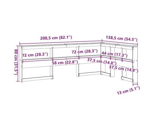 Cabecero librería en forma de L madera maciza de pino 120 cm