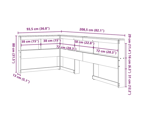 Cabecero librería en forma L madera maciza pino blanco 75 cm