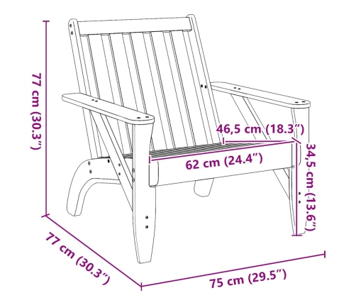 Silla adirondack de jardín madera maciza pino 75x77x77 cm