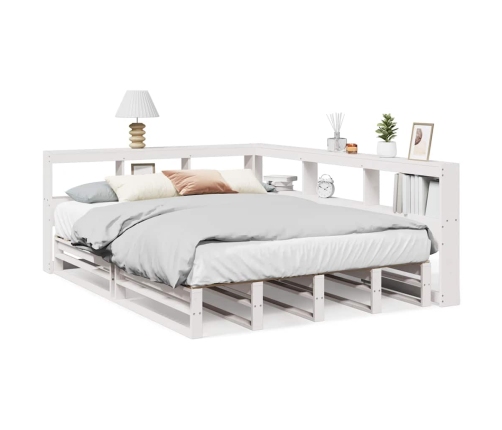 Cama con estantería sin colchón madera maciza blanca 135x190 cm