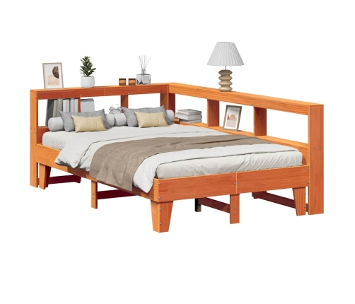 Cama con estantería sin colchón madera maciza marrón 135x190cm