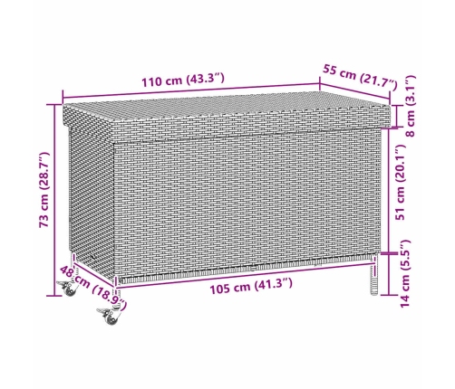 Caja almacenaje jardín ruedas ratán sintético negro 110x55x73cm