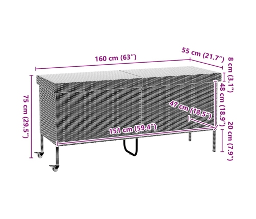 Caja de almacenaje jardín ruedas ratán PE marrón 160x55x75 cm