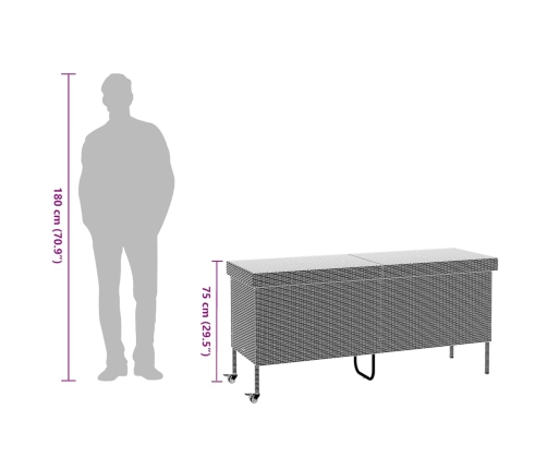 Caja de almacenaje jardín ruedas ratán PE marrón 160x55x75 cm