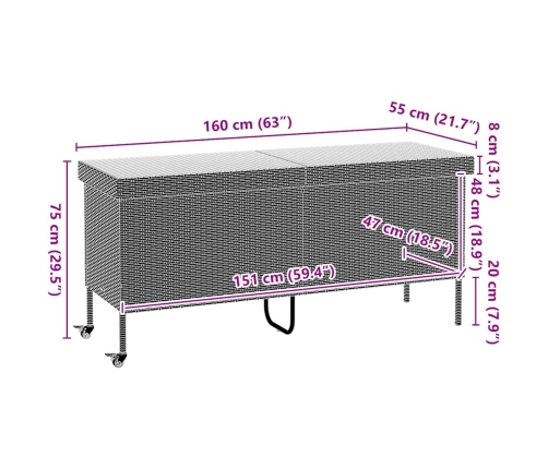 Caja de almacenaje jardín ruedas ratán PE beige 160x55x75 cm