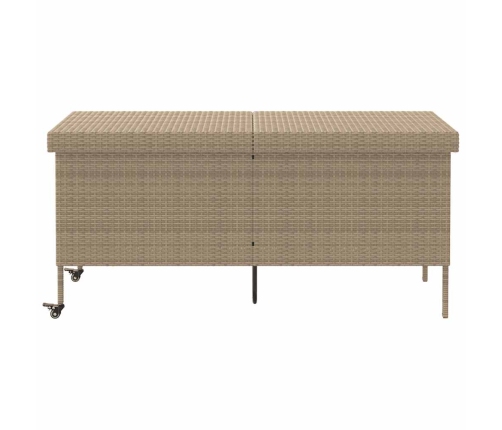 Caja de almacenaje jardín ruedas ratán PE beige 160x55x75 cm