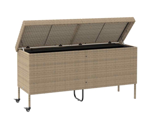 Caja de almacenaje jardín ruedas ratán PE beige 160x55x75 cm