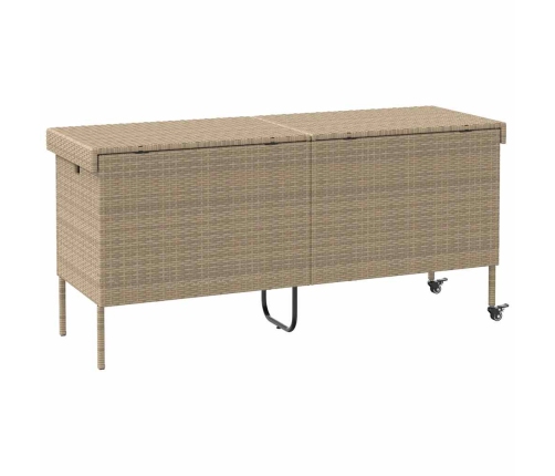 Caja de almacenaje jardín ruedas ratán PE beige 160x55x75 cm